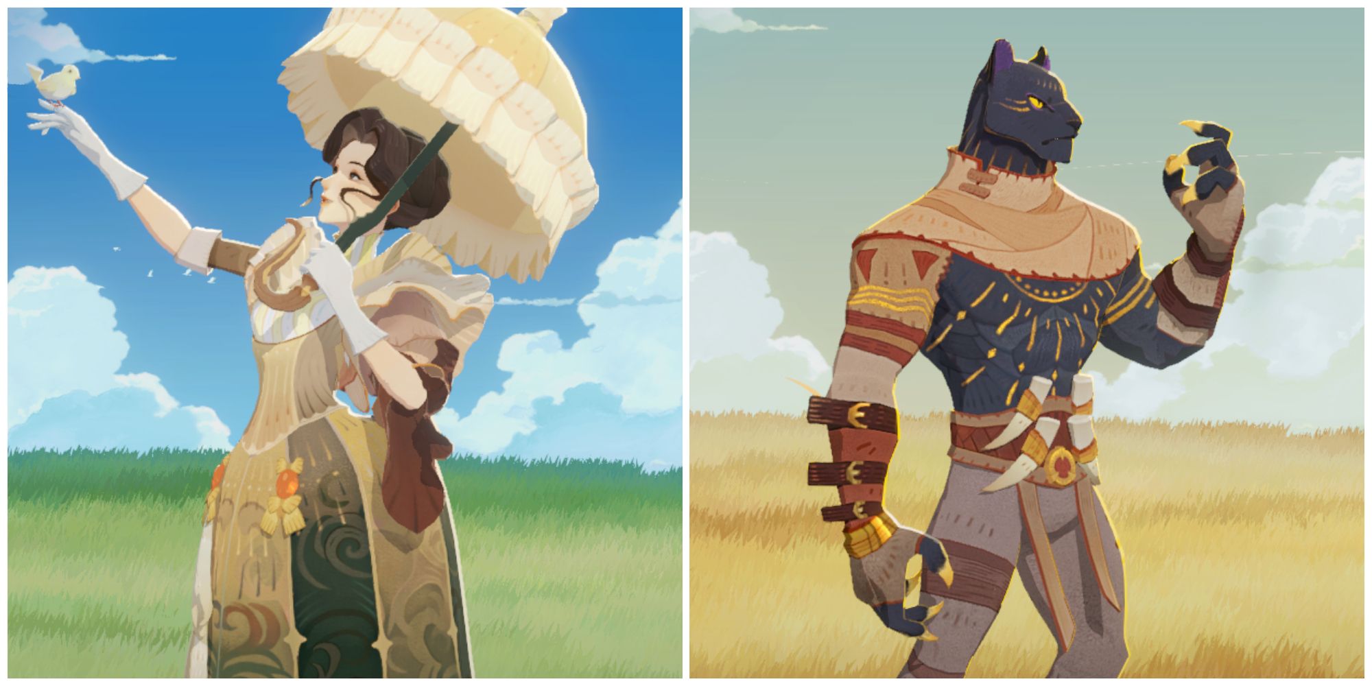 Split image of the rogue characters Vala and Seth in AFK Journey