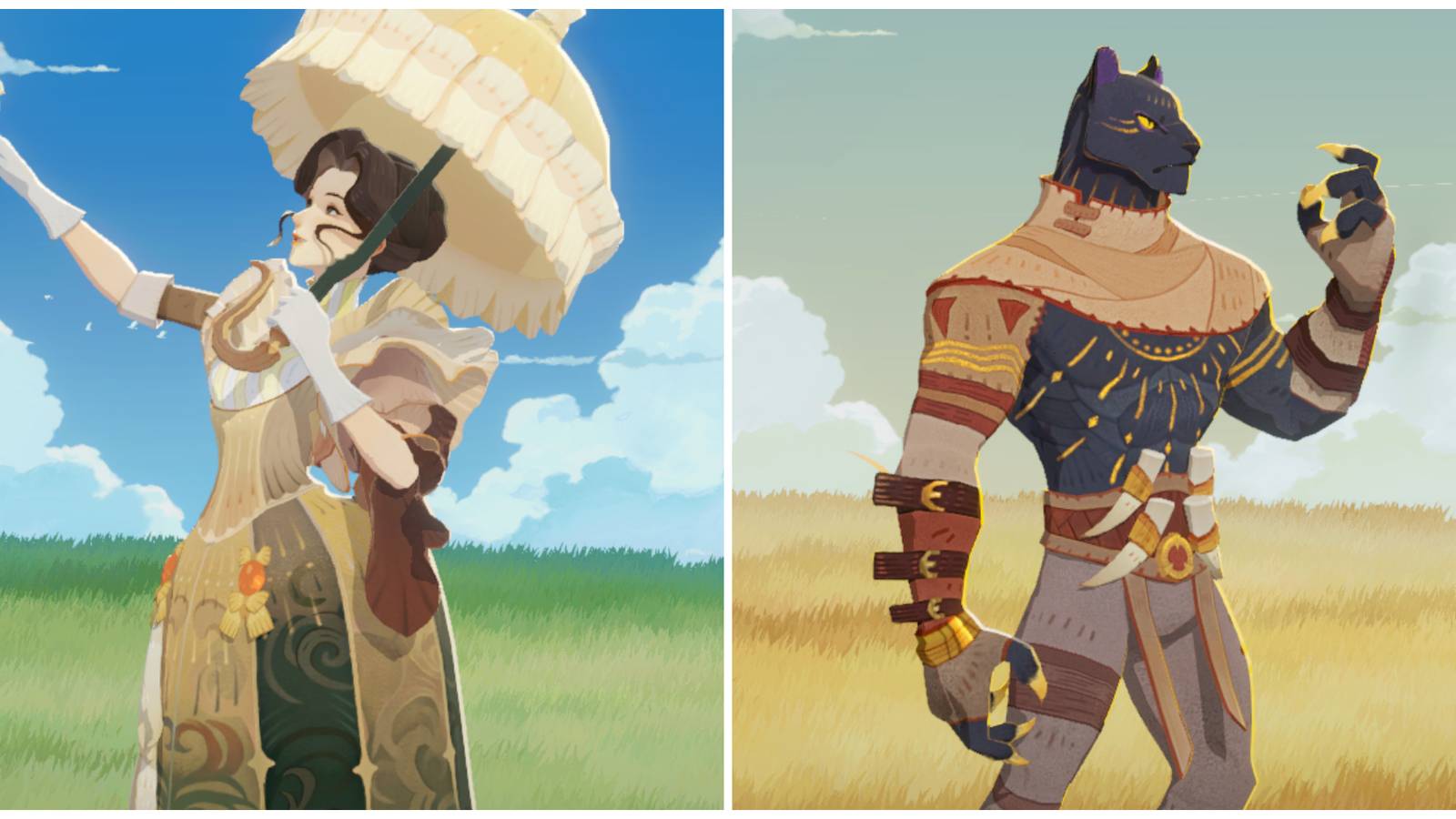 Split image of the rogue characters Vala and Seth in AFK Journey