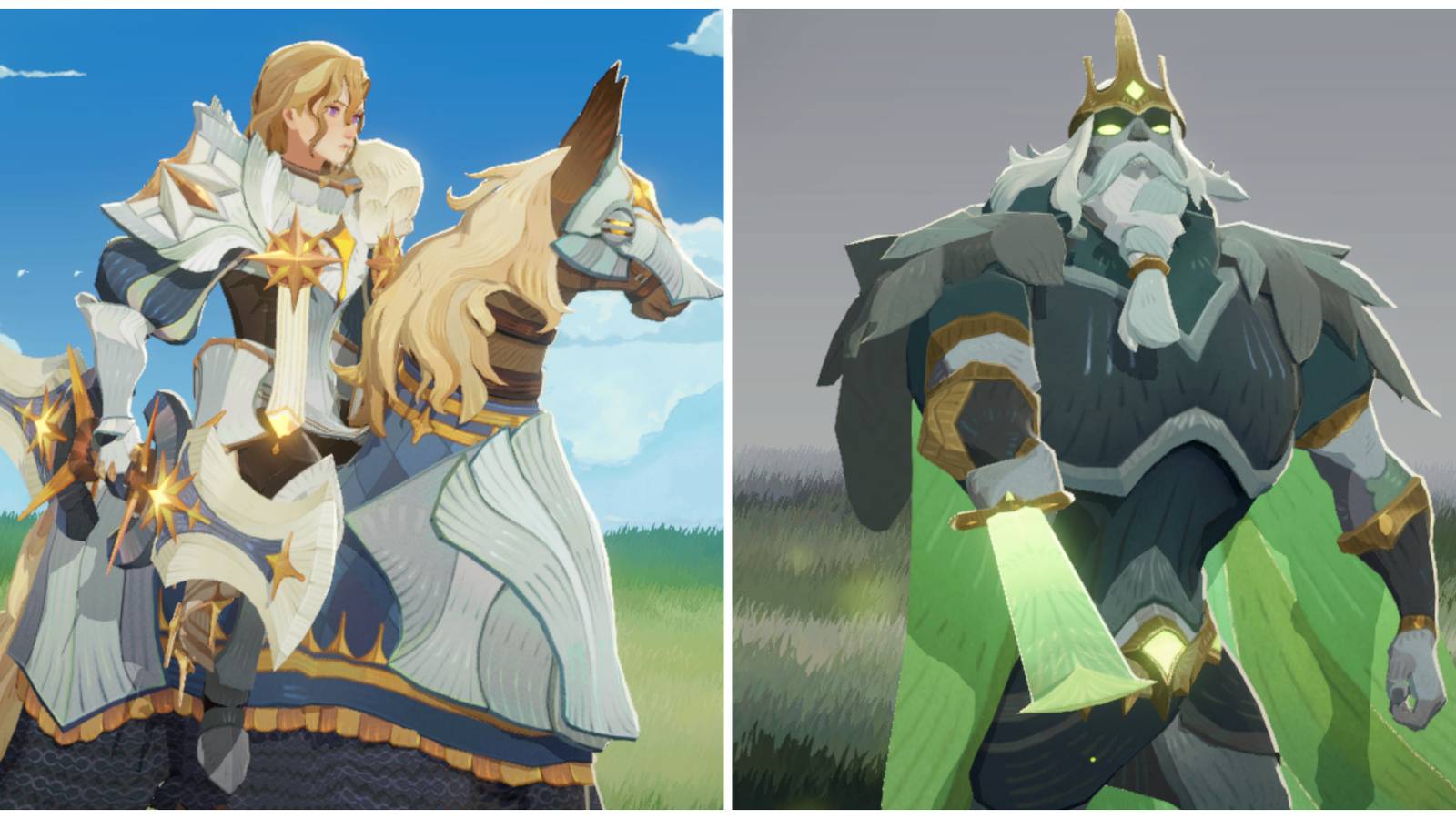 Split image of the characters Temesia and Thoran in AFK Journey