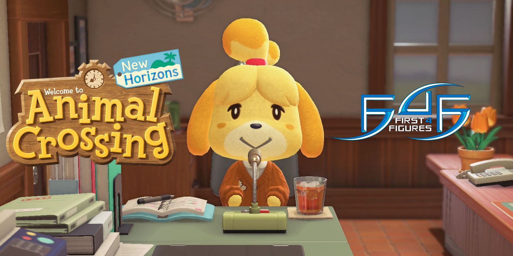 A screenshot of Animal Crossing: New Horizons' Isabelle, overlayed with the New Horizons and First 4 Figures logos.