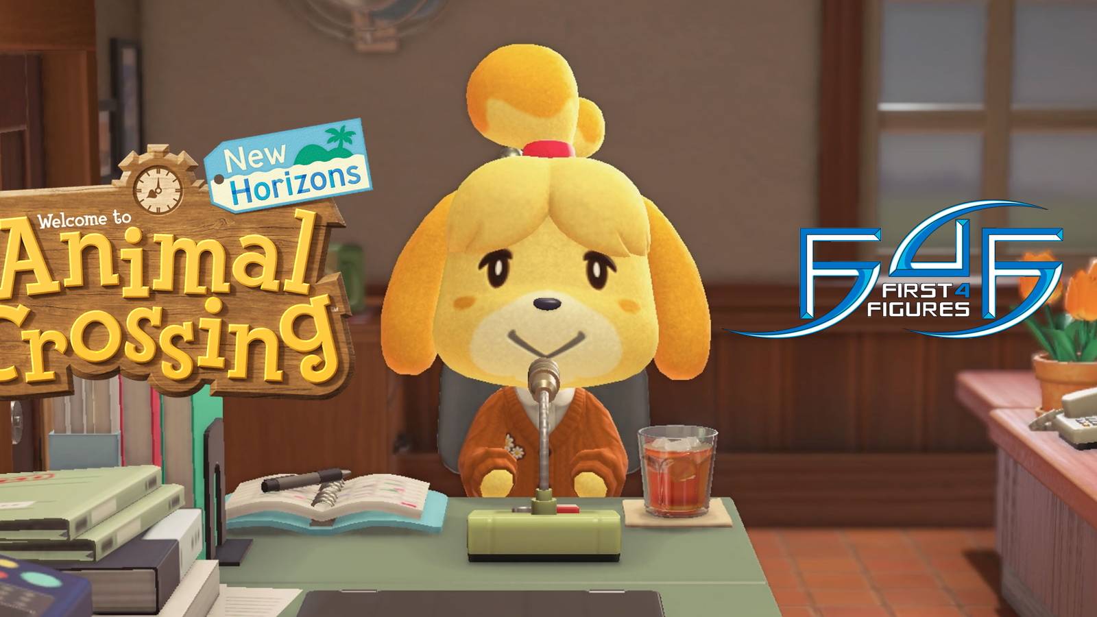 A screenshot of Animal Crossing: New Horizons' Isabelle, overlayed with the New Horizons and First 4 Figures logos.