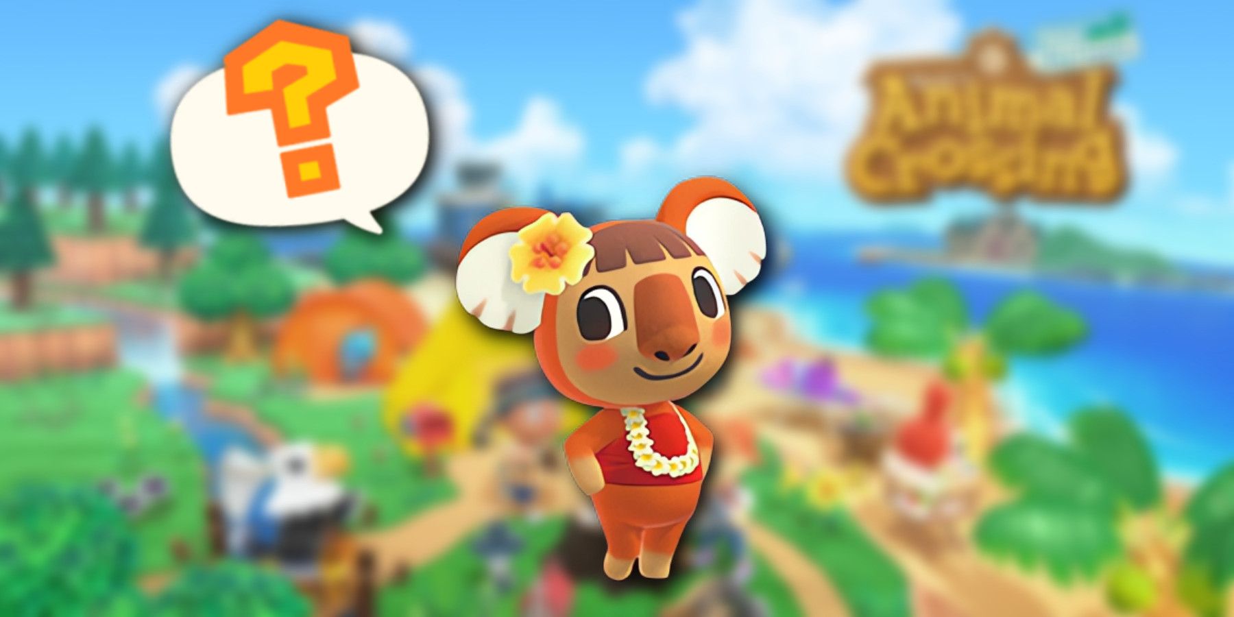 blurred animal crossing new horizons key art with faith koala and question mark on top