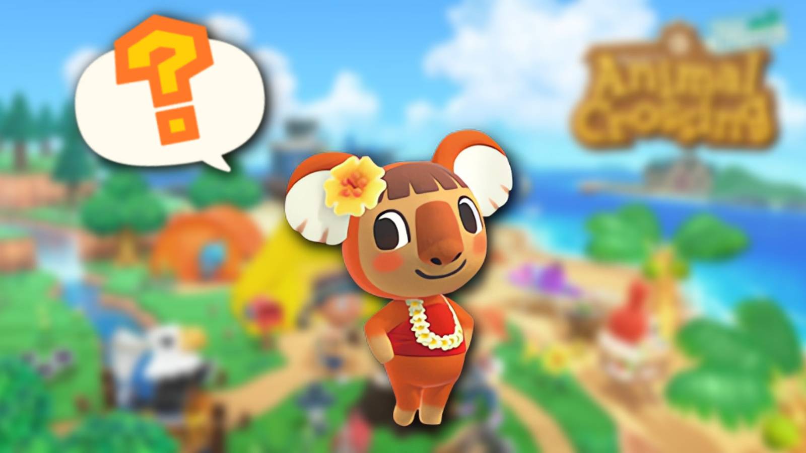 blurred animal crossing new horizons key art with faith koala and question mark on top