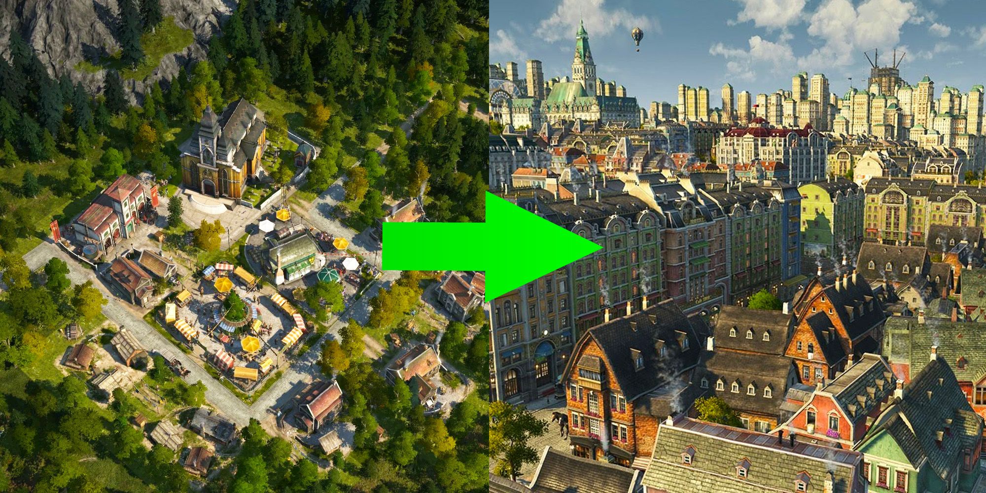 A split image of a small town and a city in Anno 1800