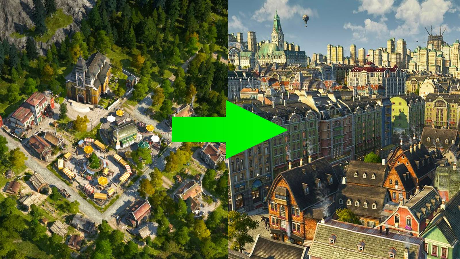 A split image of a small town and a city in Anno 1800