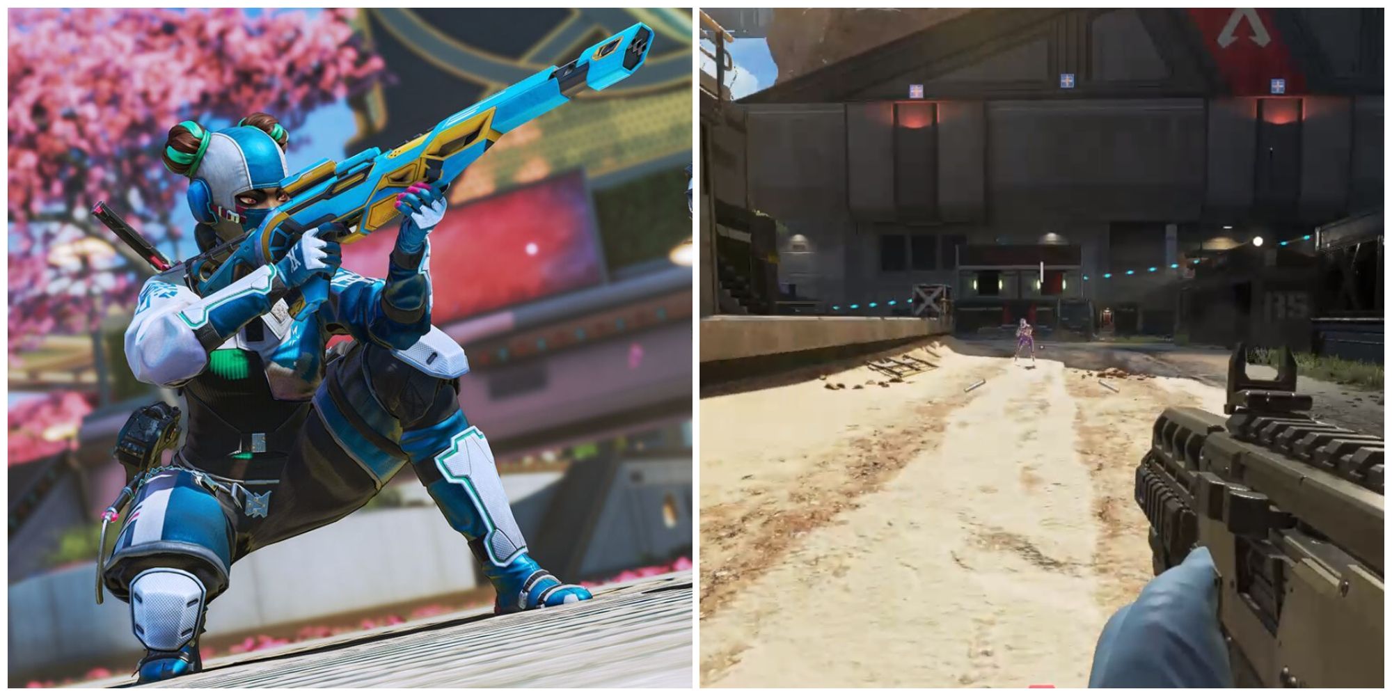 Split image of Lifeline and a player practicing slides to move faster in Apex Legends