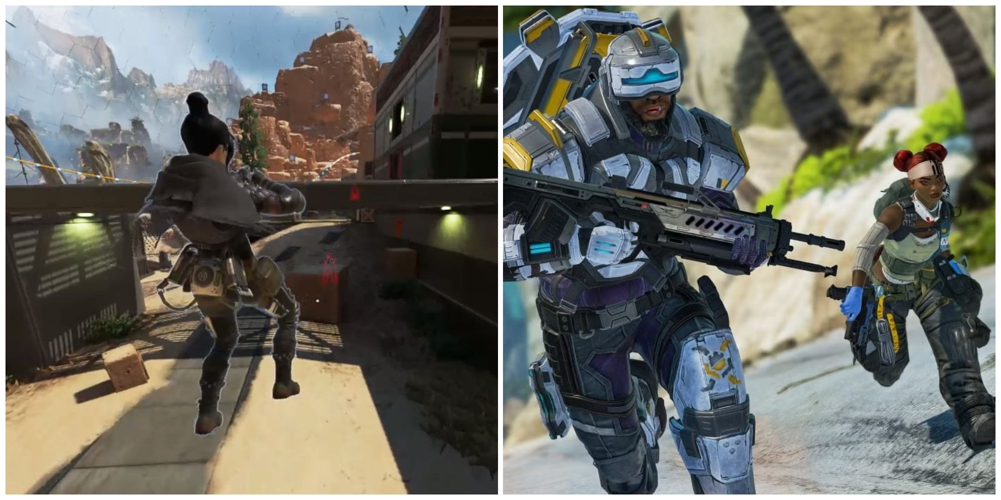 Split image of Wraith super gliding and Lifeline and Newcastle in battle in Apex Legends