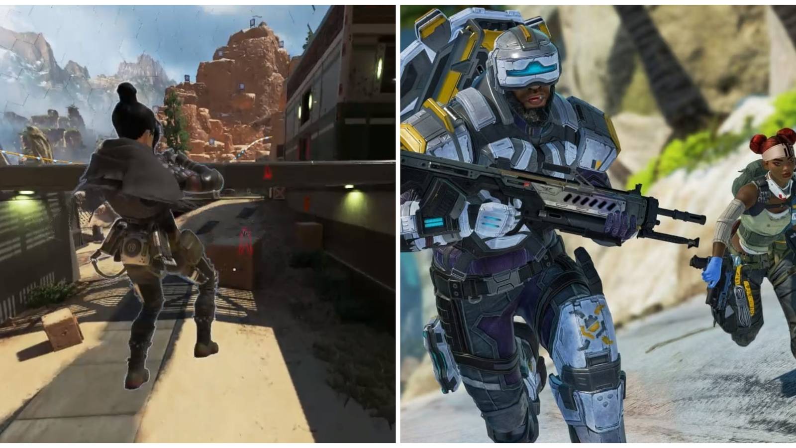 Split image of Wraith super gliding and Lifeline and Newcastle in battle in Apex Legends