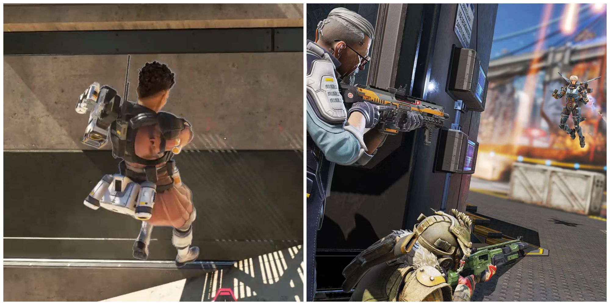 Split image of Bangalore wall jumping and some characters in a battle in Apex Legends
