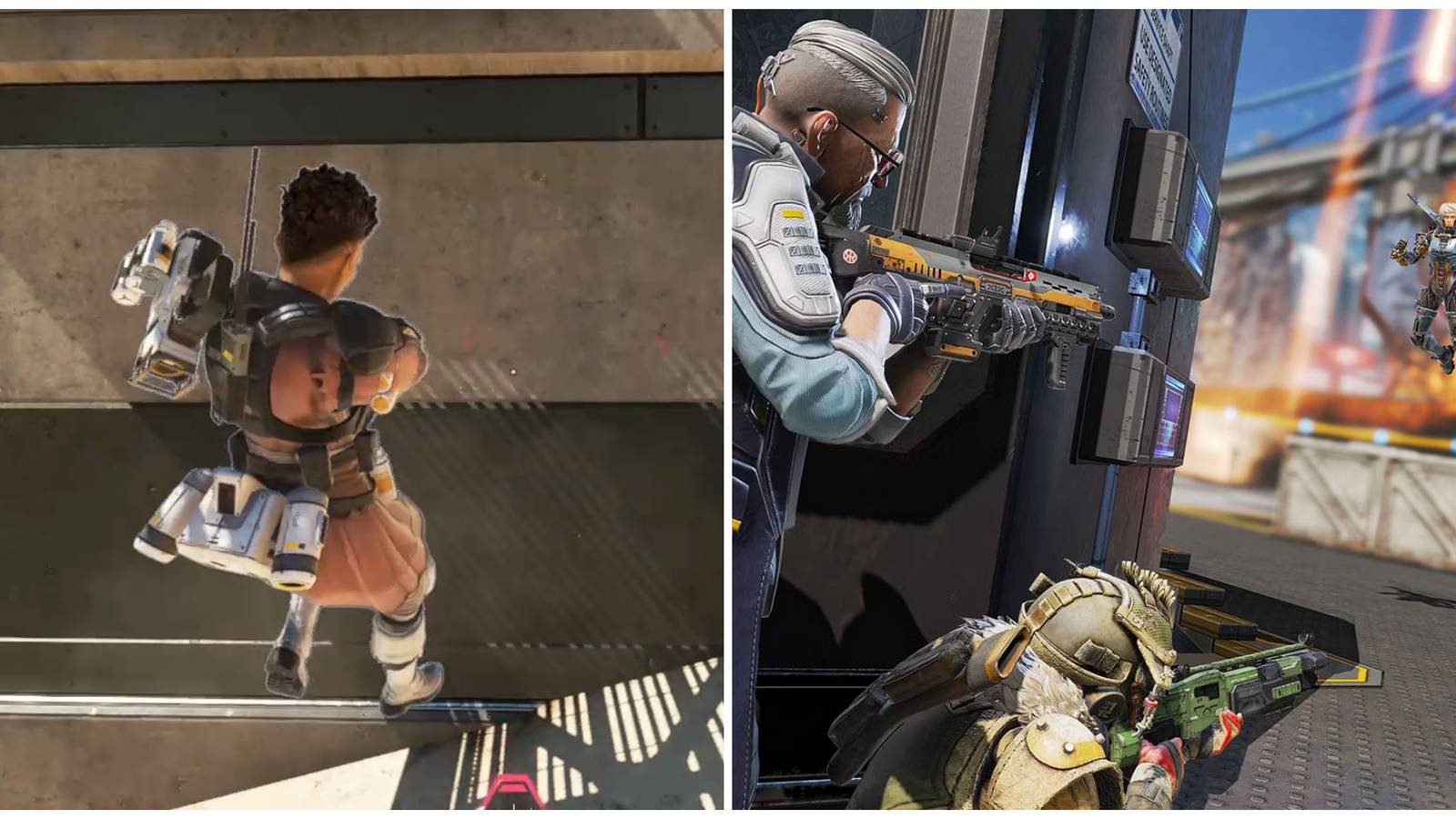Split image of Bangalore wall jumping and some characters in a battle in Apex Legends