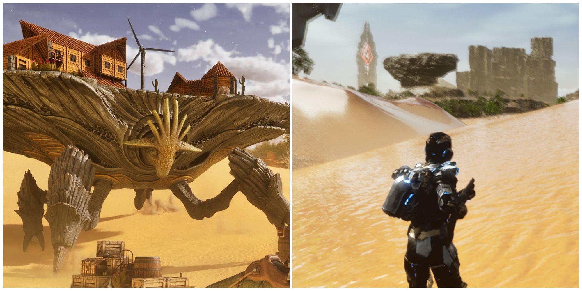 Split image of the oasisaur and the dunes in Scorched Earth in Ark Survival Ascended