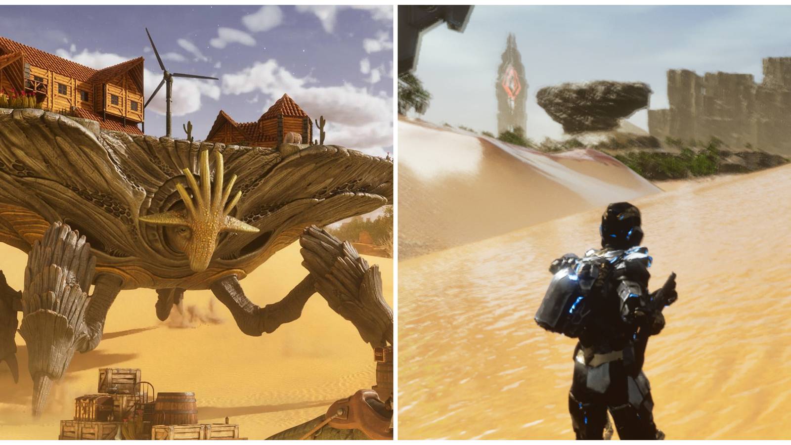 Split image of the oasisaur and the dunes in Scorched Earth in Ark Survival Ascended