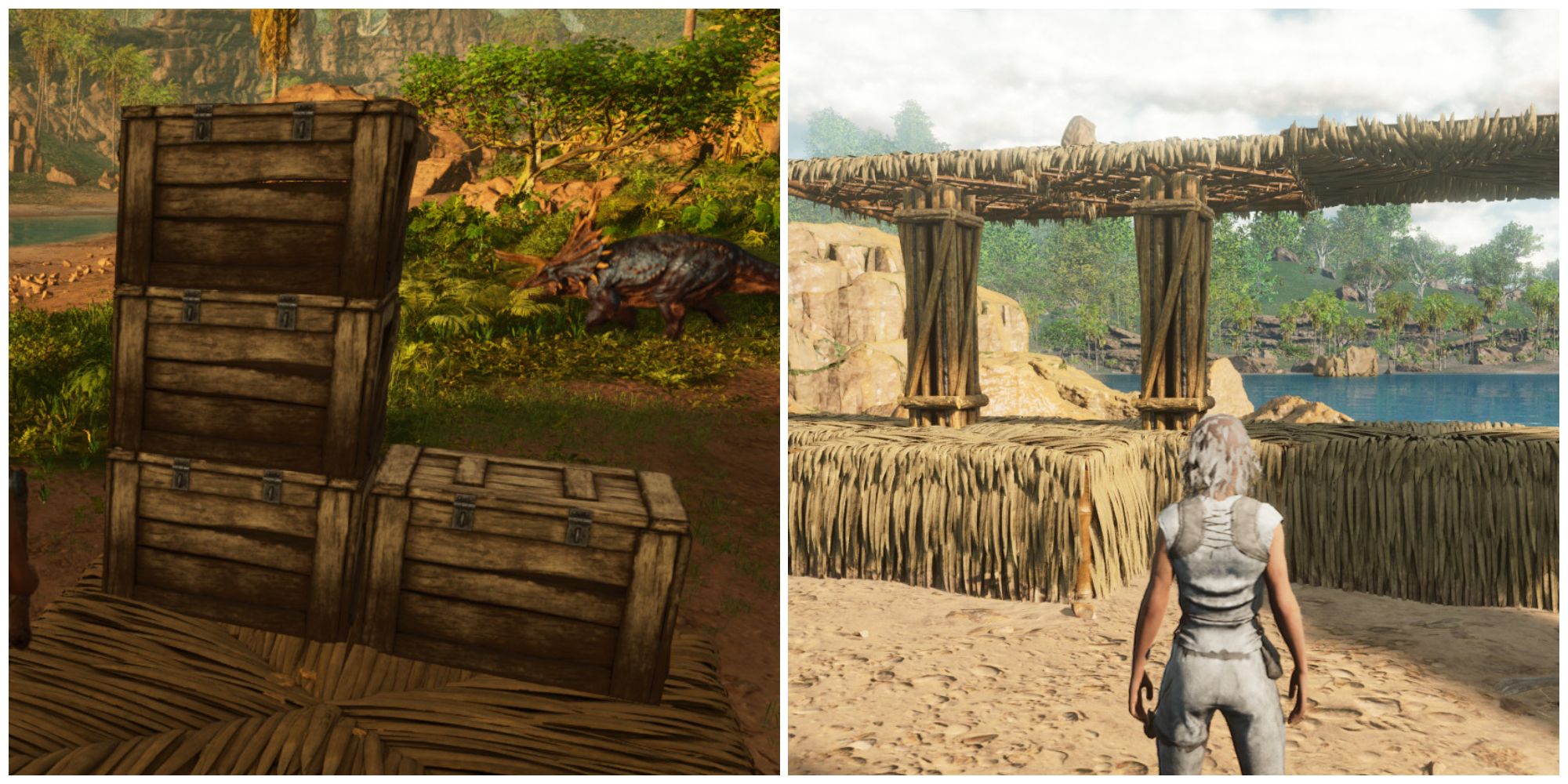 Split image of stacked storage boxes and stacked foundations in Ark Survival Ascended