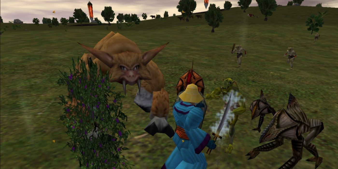 Asheron's Call player fighting multiple enemies in a field