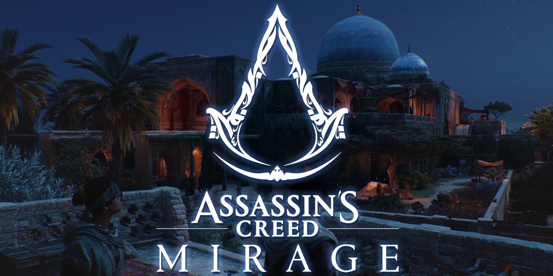 Assassin's Creed Mirage early game nighttime palace with glowing game logo edit