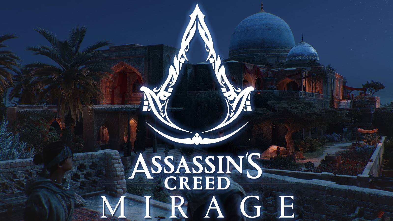 Assassin's Creed Mirage early game nighttime palace with glowing game logo edit