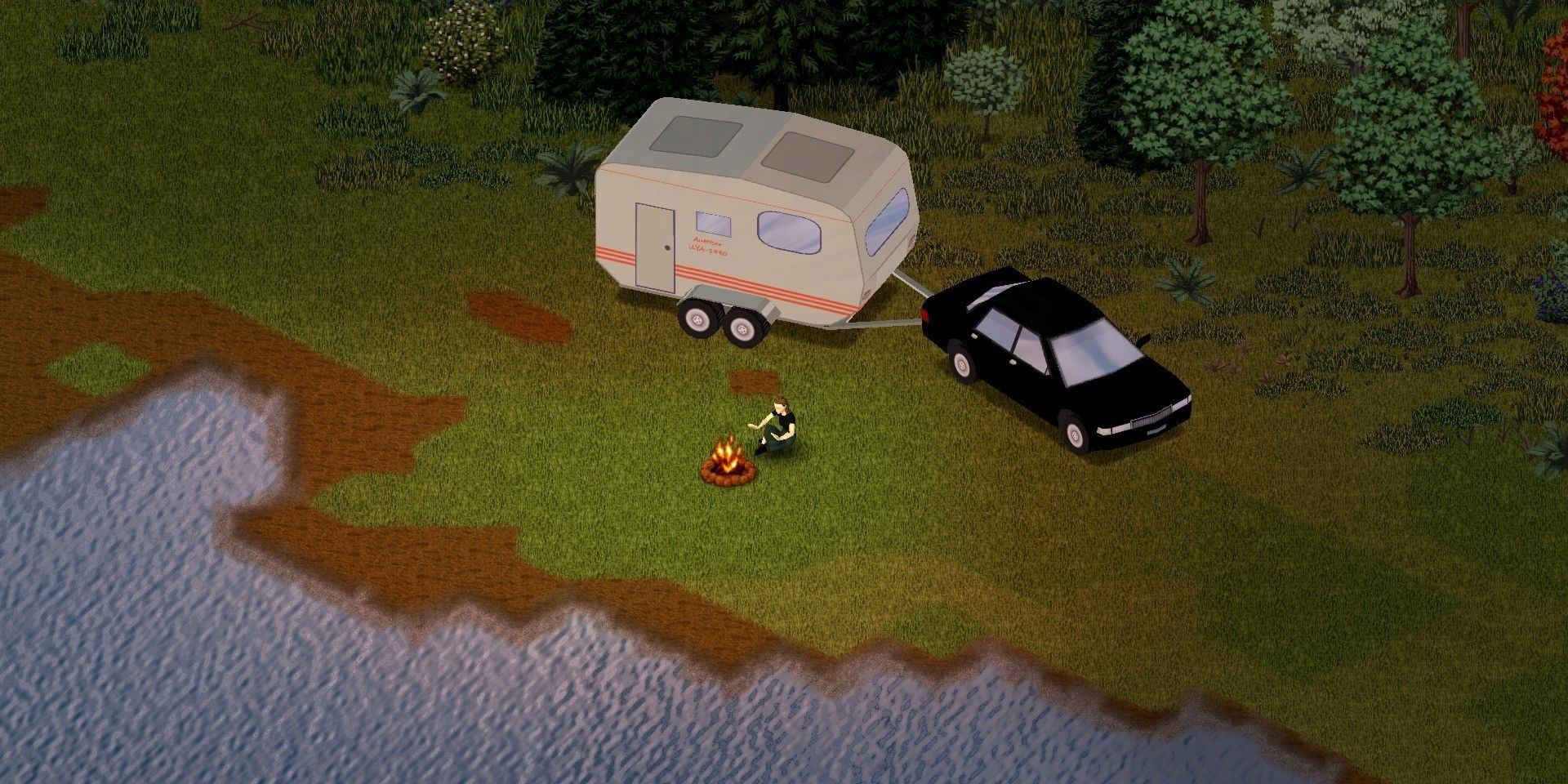 Camper trailer campfire nighttime 