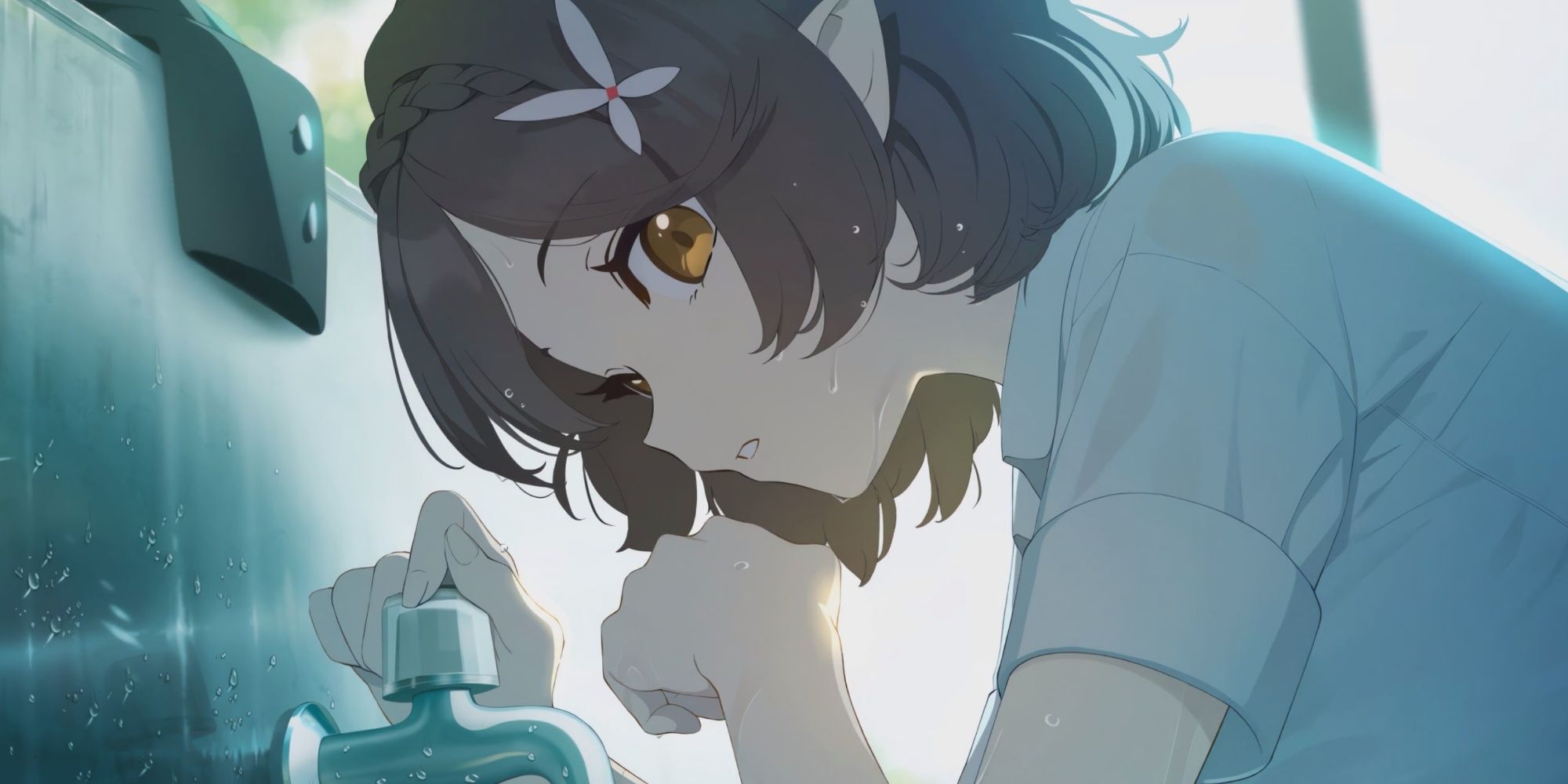Okusora Ayane drinking water from tap without glasses