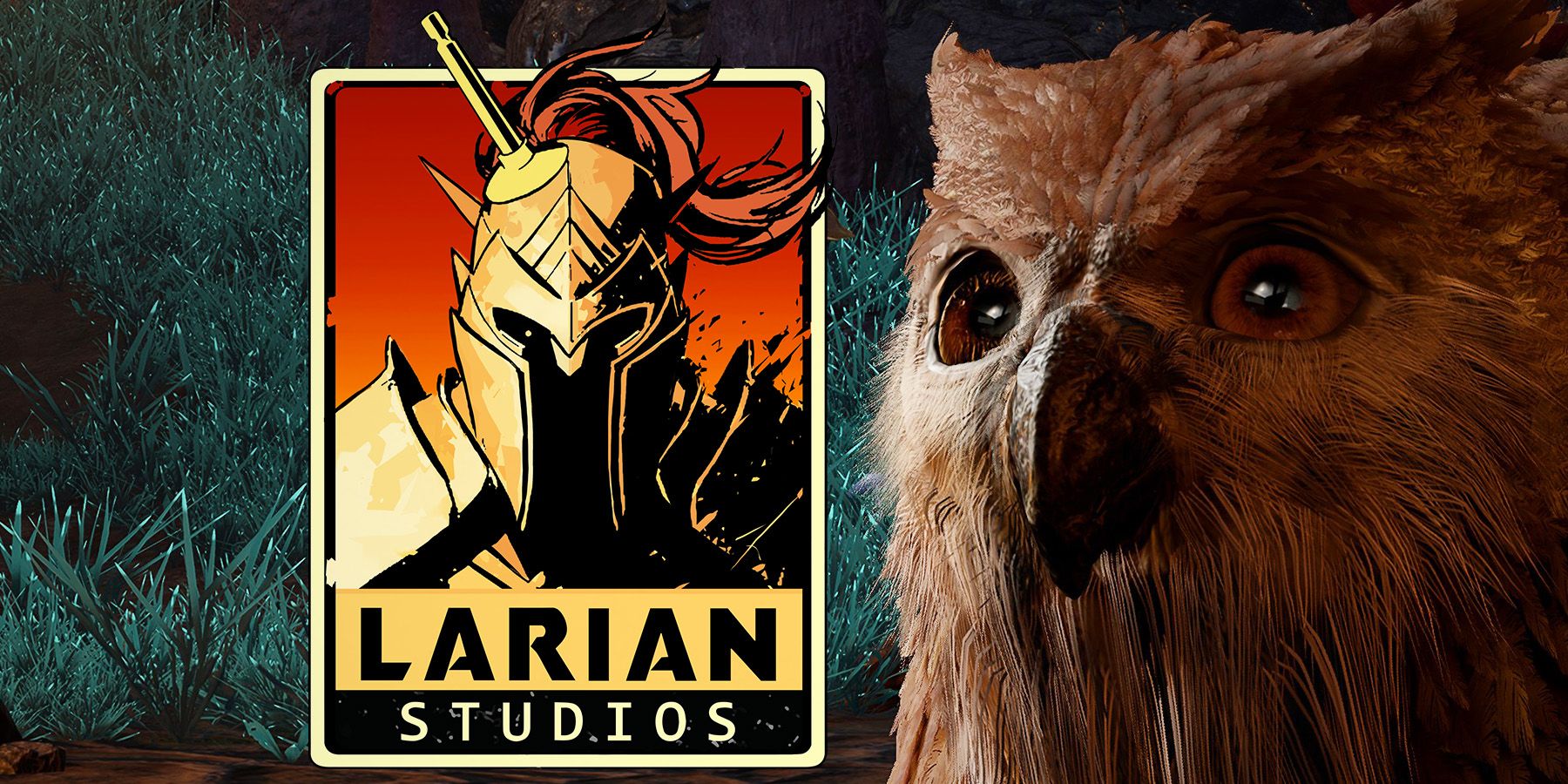 Baldur's Gate 3 owlbear cub close-up looking wide-eyedly at Larian Studios logo composite
