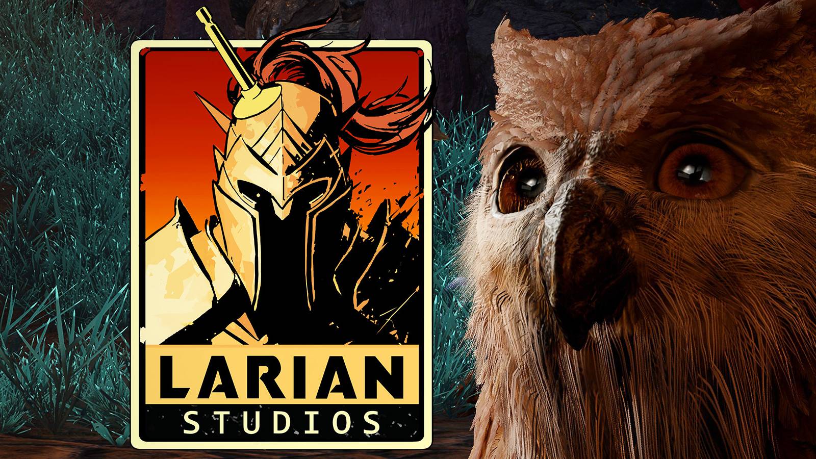 Baldur's Gate 3 owlbear cub close-up looking wide-eyedly at Larian Studios logo composite