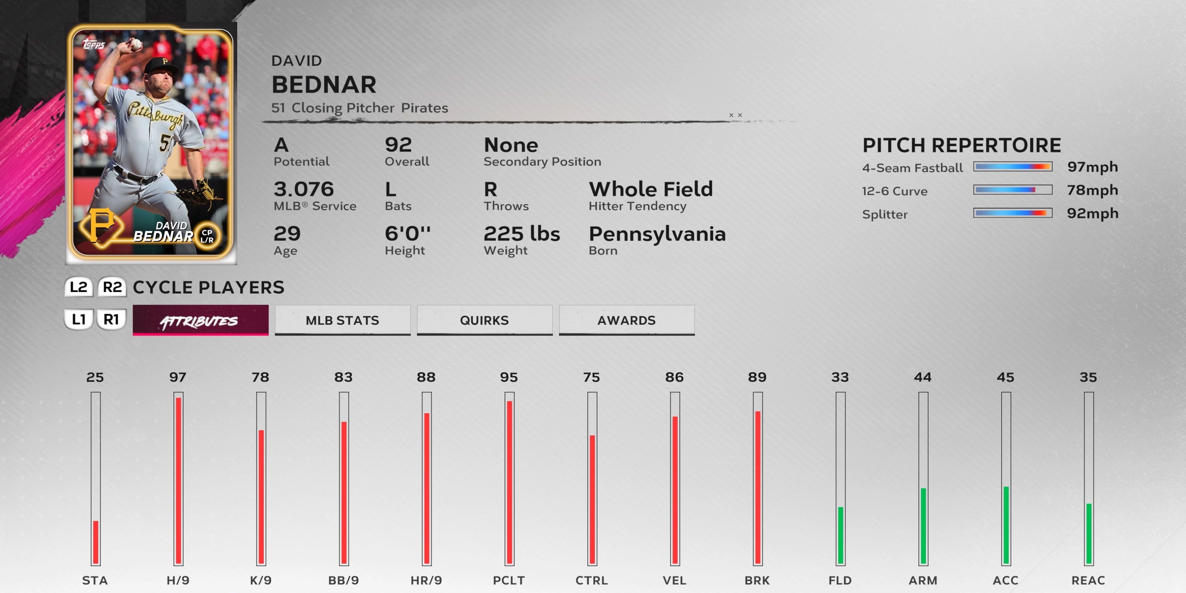 David Bednar, a closing pitcher in MLB The Show 24