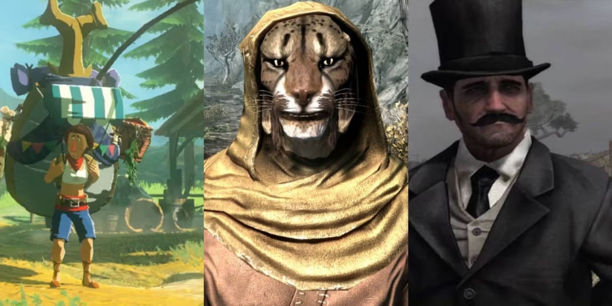 Split image of Beedle from Breath Of The Wild, M'aiq The Liar from Skyrim and The Strange Man from Red Dead Redemption 2 