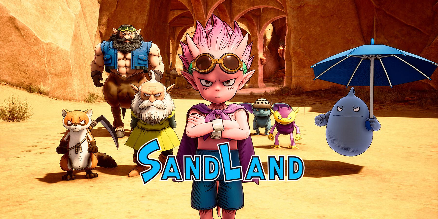 Beelzebub and his friends standing together with the Sand Land logo