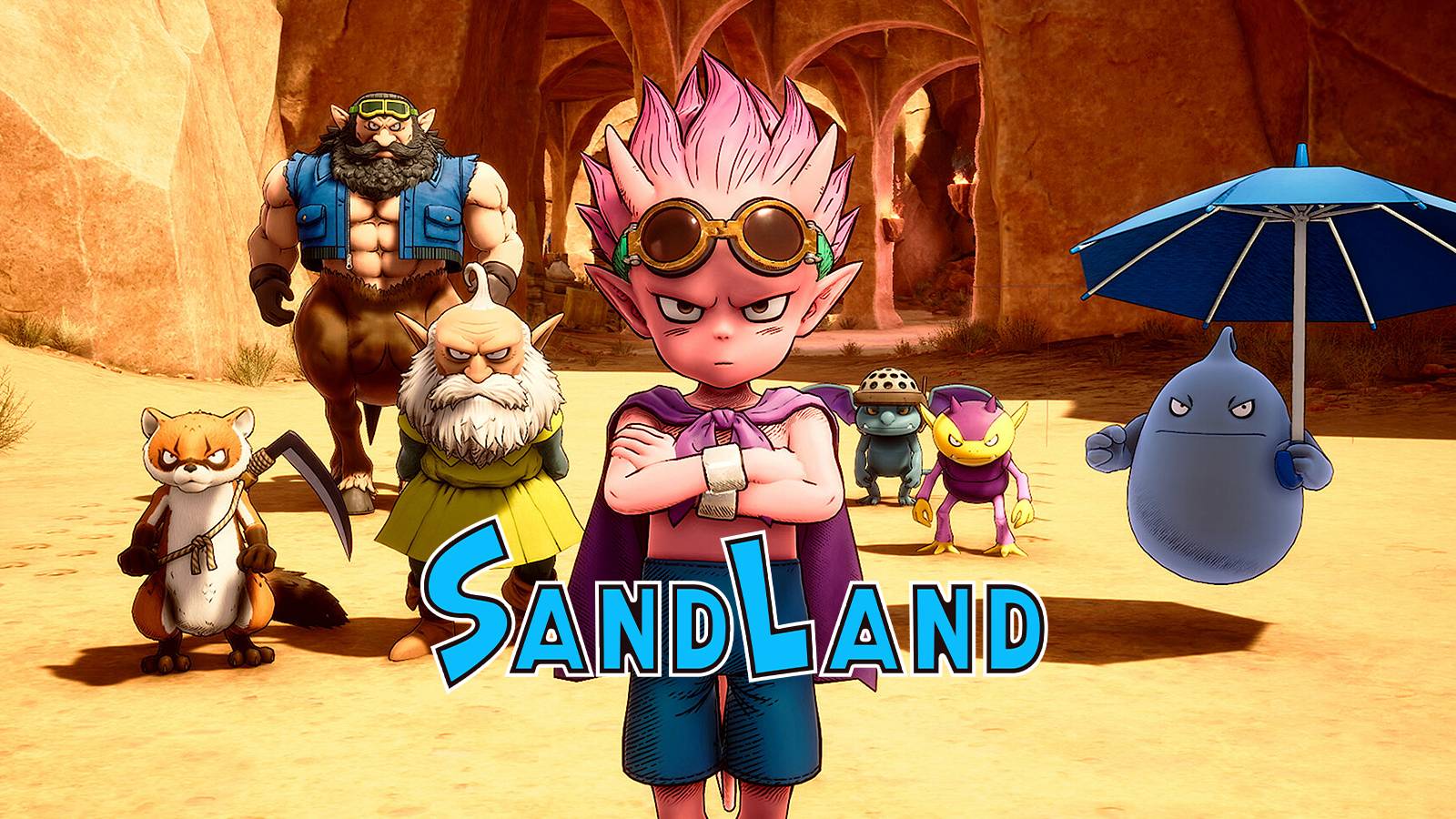Beelzebub and his friends standing together with the Sand Land logo