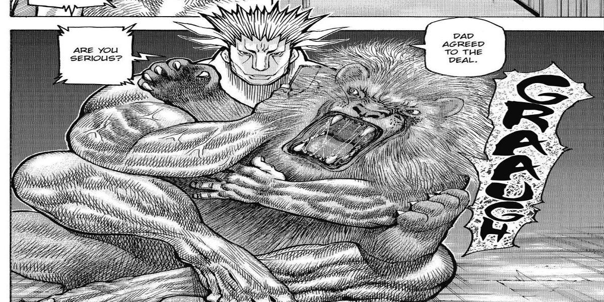 Benjamin Hui Guo Rou wrestling a lion in Hunter x Hunter manga