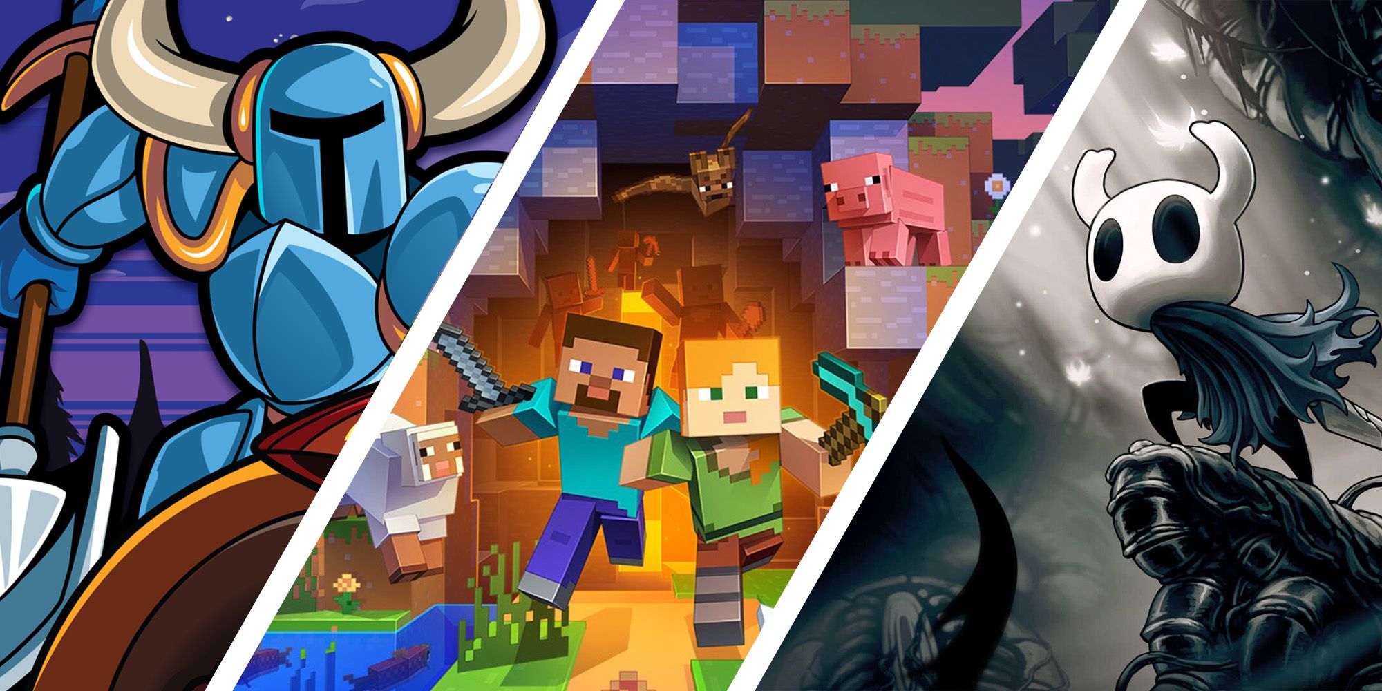 Minecraft characters surrounded by Shovel Knight and Hollow Knight