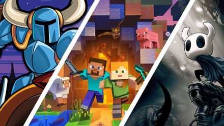 Minecraft characters surrounded by Shovel Knight and Hollow Knight