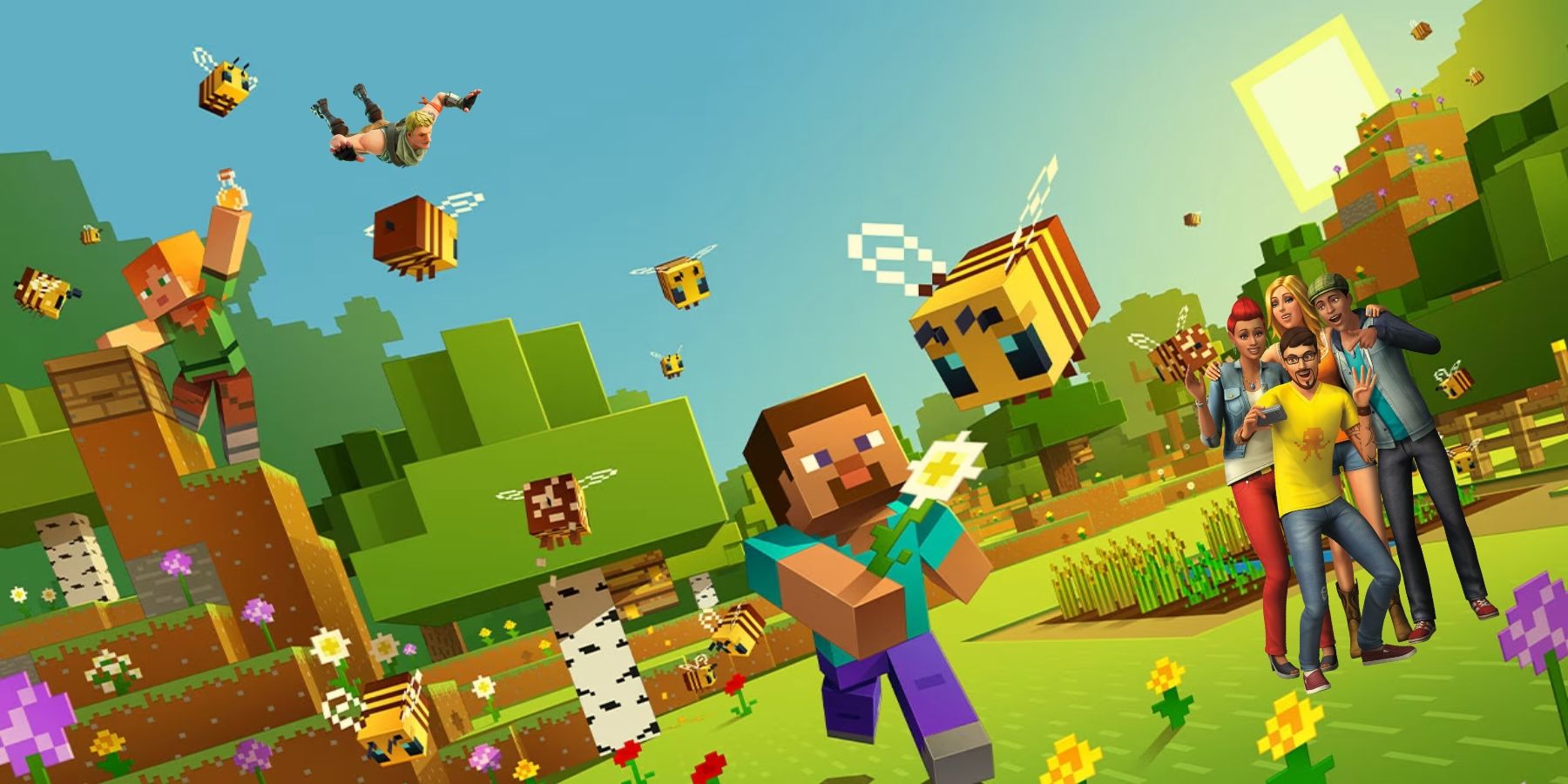 Best Mouse and Keyboard PS5 Games Thumbnail, jonesy from fortnite falls from the skies of minecraft, while four characters from The Sims take a selfie next to Minecraft Steve