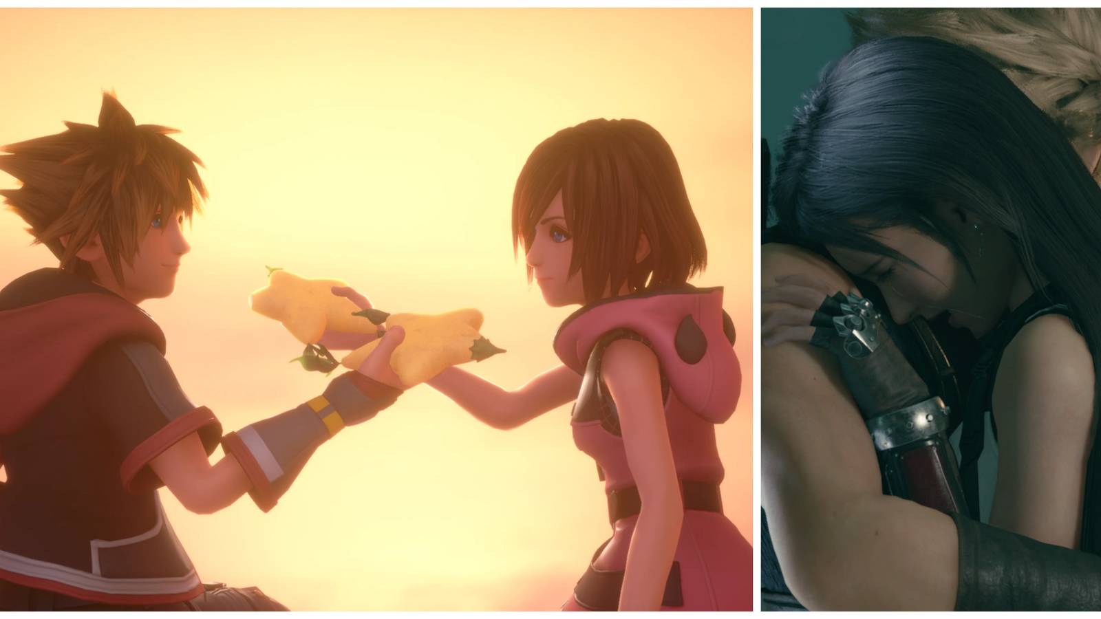 Kairi and Sora (left) and Cloud and Tifa (right)