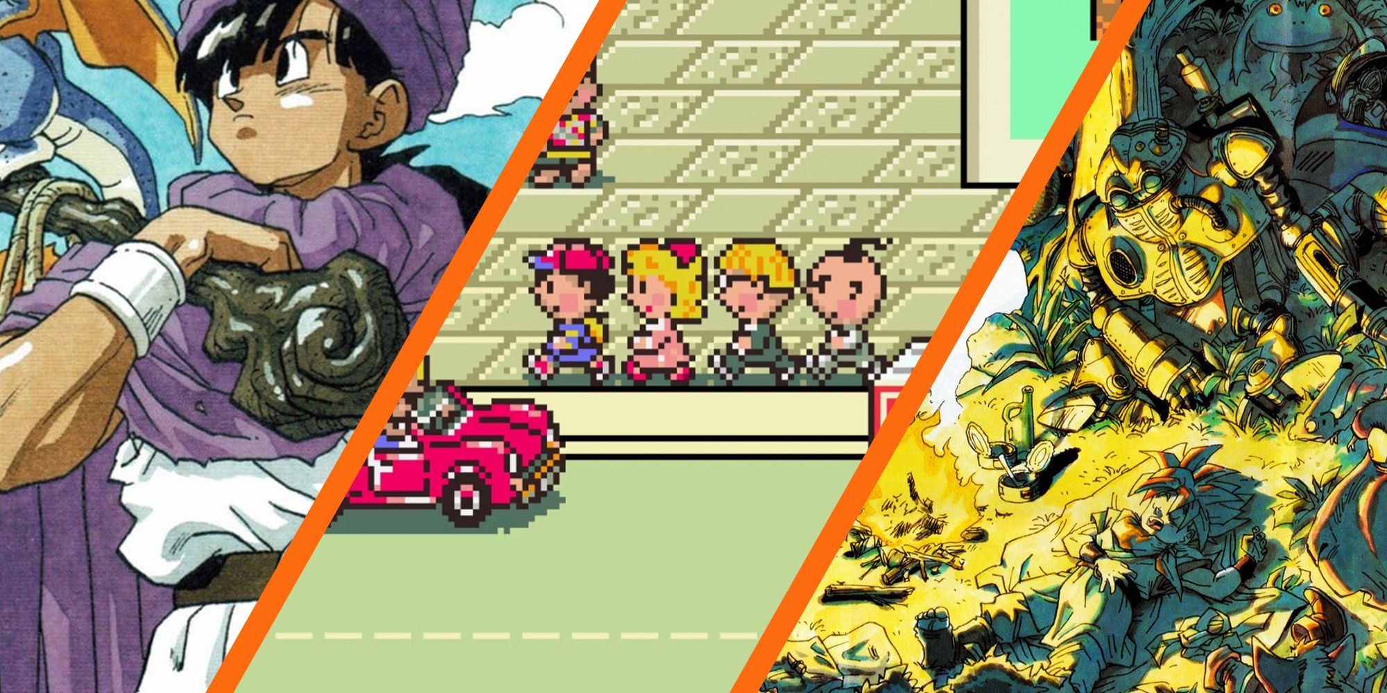 EarthBound party surrounded by Dragon Quest hero and Chrono Trigger