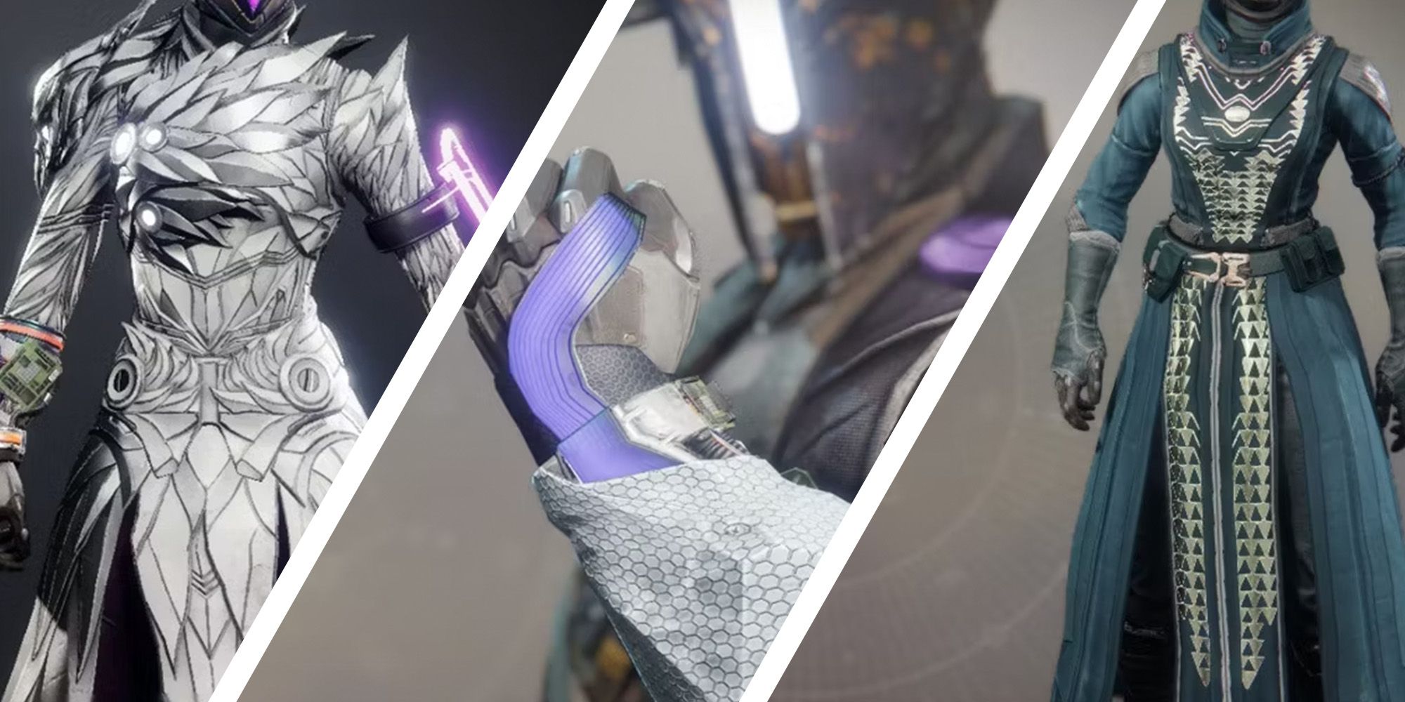 Destiny 2 Warlock Showing Exotic gauntlet, next to two exotic chest armors