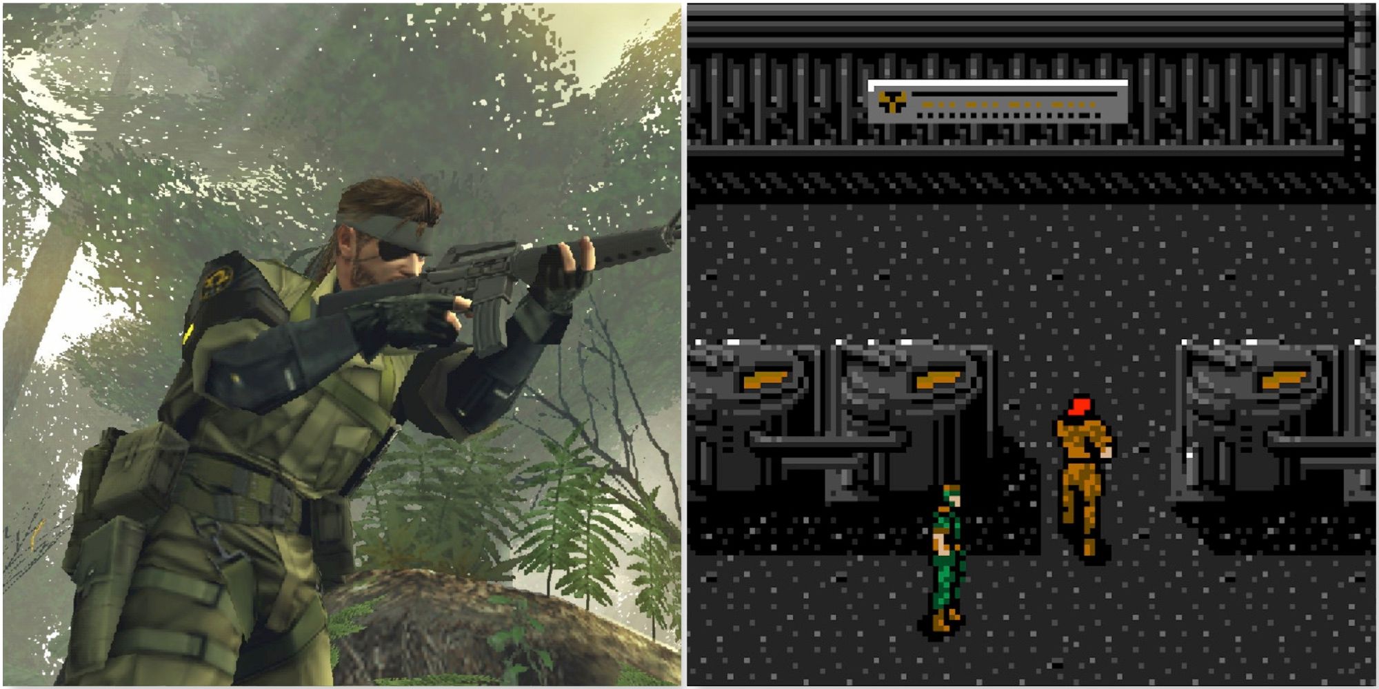 Big Boss sneaking around in Metal Gear Solid Peace Walker and Snaking sneaking around in Metal Gear 2 Solid Snake