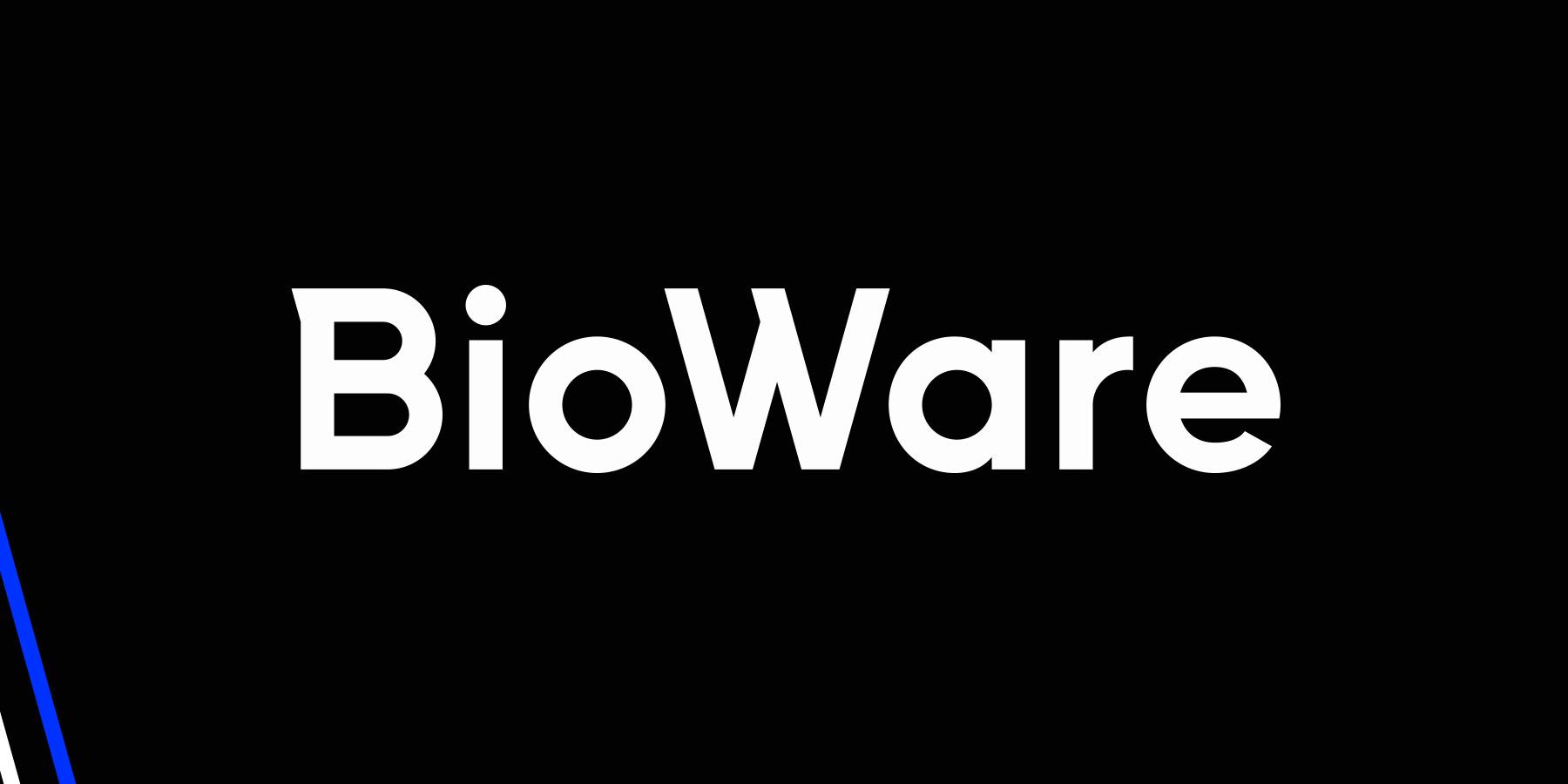 A white BioWare logo against a black background with blue and grey strips along the lower left corner.