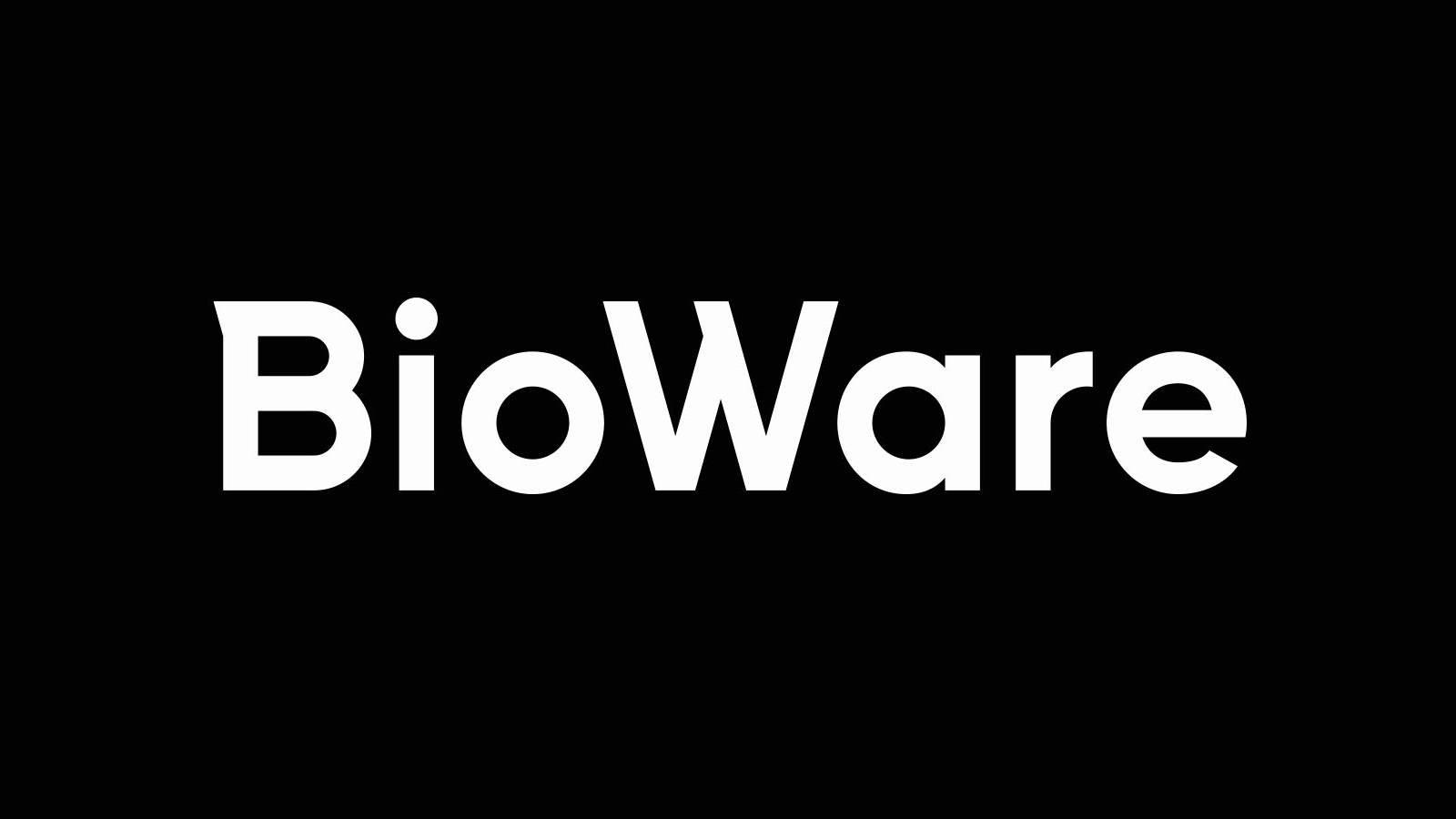 A white BioWare logo against a black background with blue and grey strips along the lower left corner.