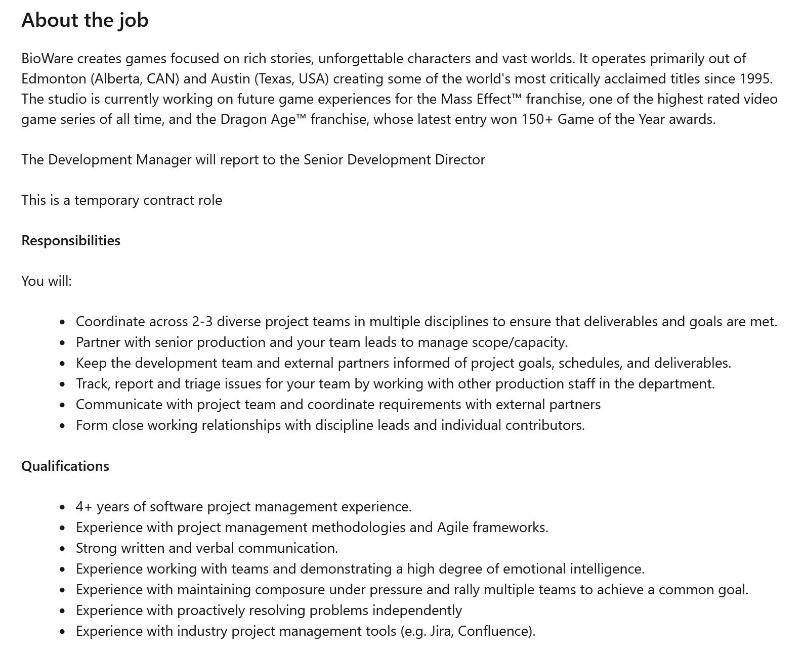 A screenshot for a job listing at BioWare, calling for a tempoary development manager.