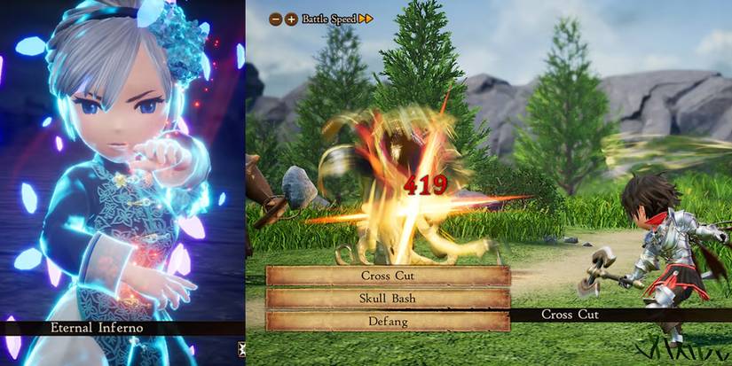 Bravely Default 2 Eternal Inferno Character with Cross Cut Skull Bash and Defang Attack Gameplay