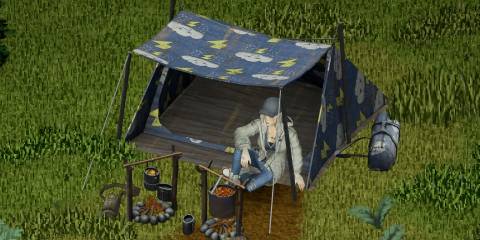 Character under tent cooking in Project Zomboid