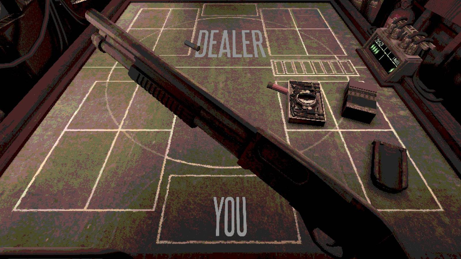 Choosing who to shoot in Buckshot Roulette, clickable buttons called 