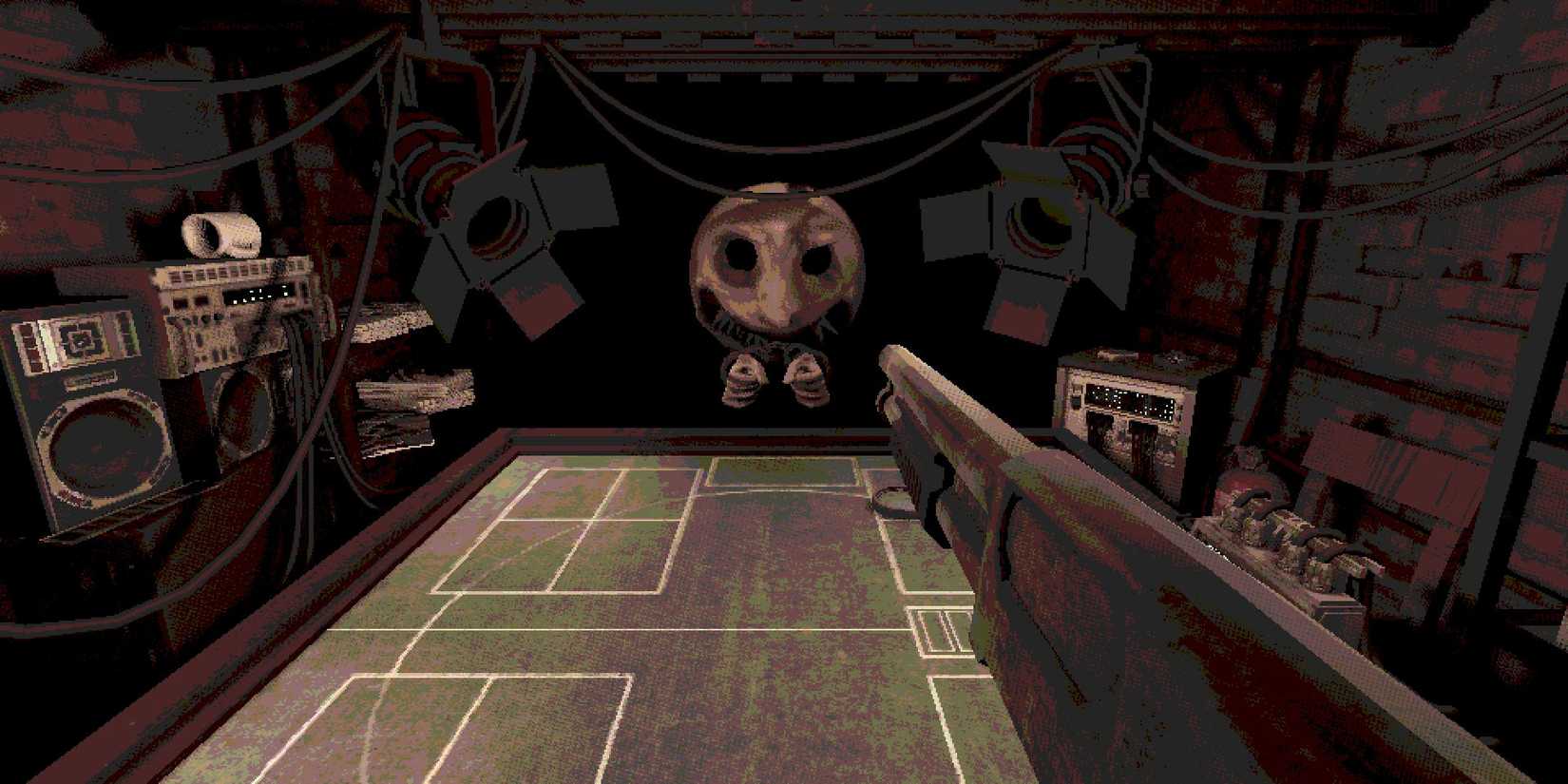 aiming the rifle at the dealer in Buckshot Roulette