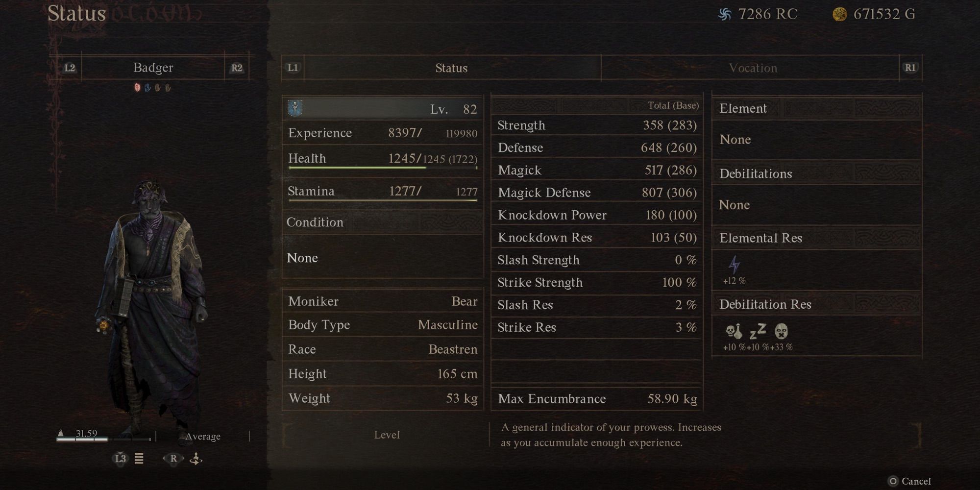 A player’s stats in Dragon’s Dogma 2