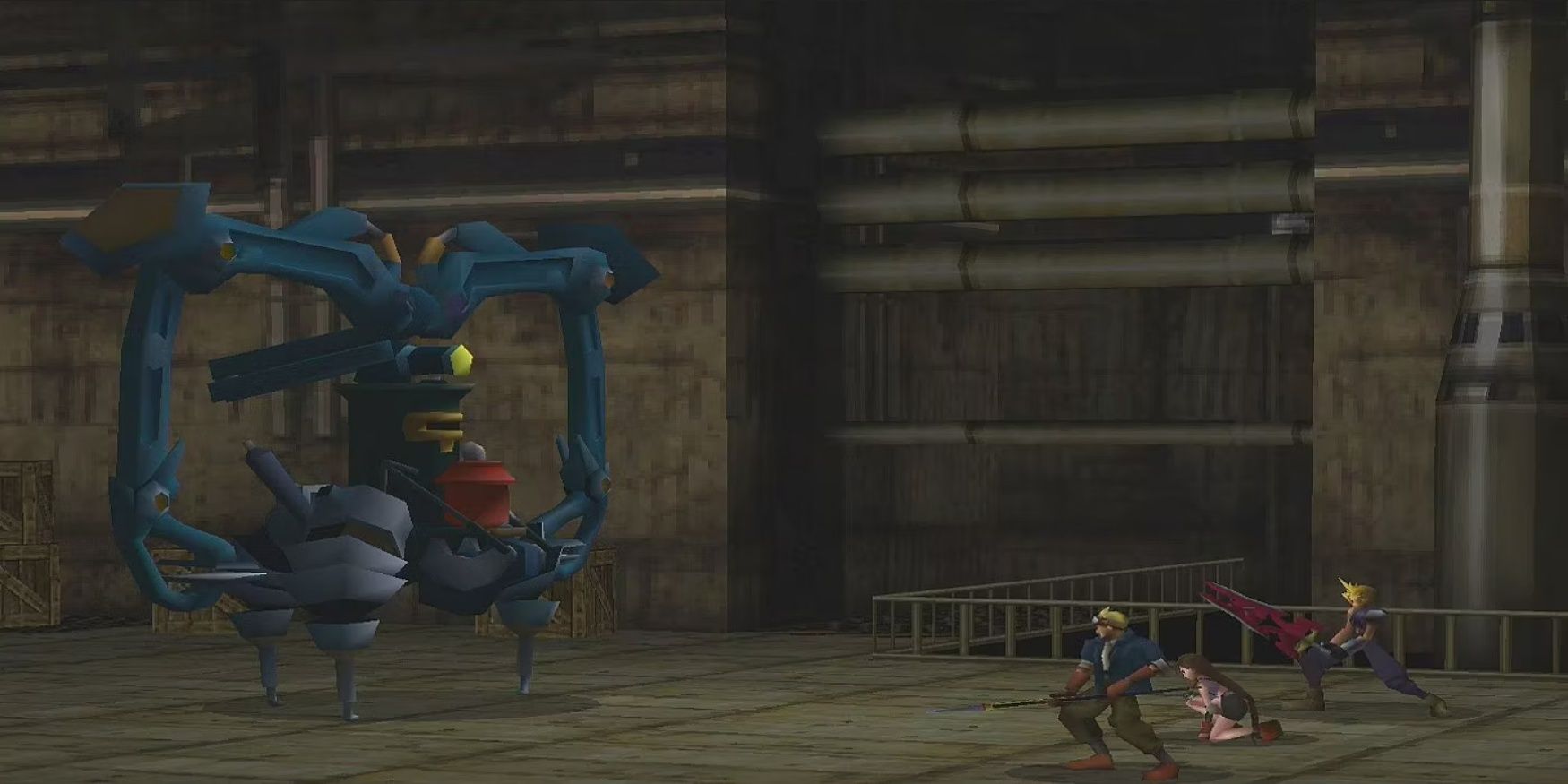 Cid, Tifa, and Cloud battle Carry Armor in Final Fantasy 7