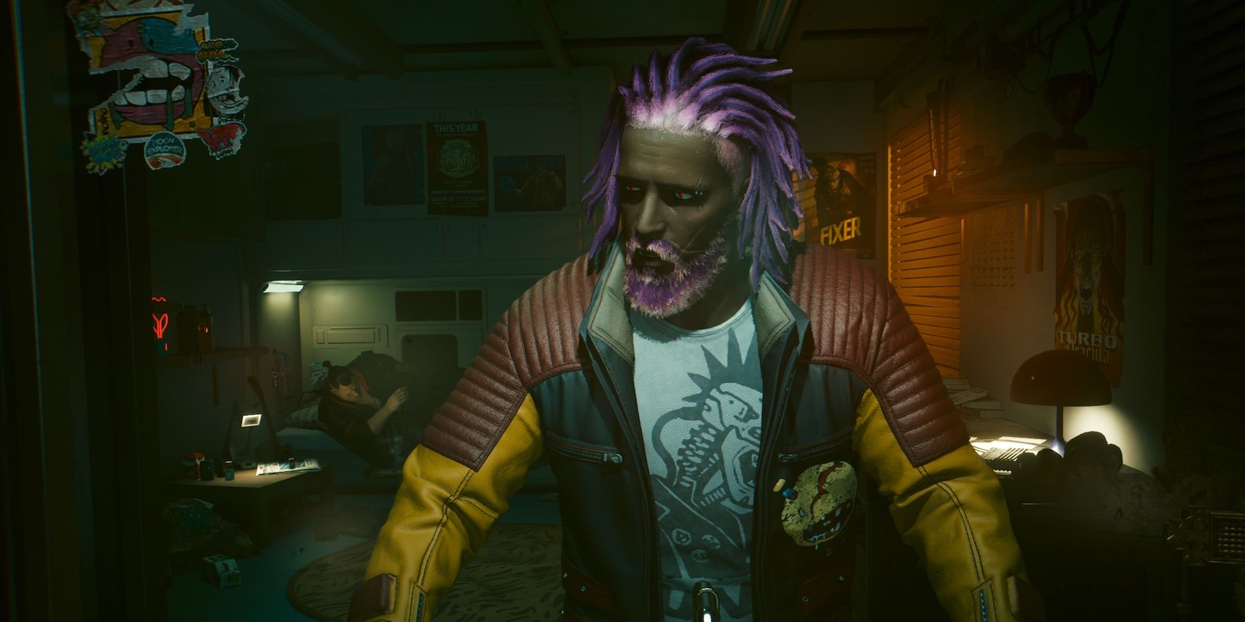 A purple-haired character in Cyberpunk 2077