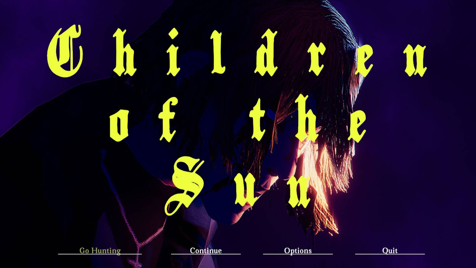 the main menu of Children Of The Sun, yellow words layered on top of a closeup of the protagonsit