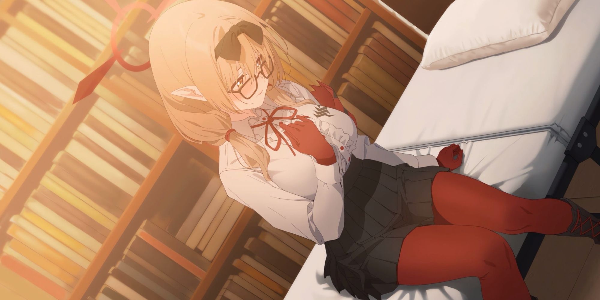 Hinomiya Chinatsu Blushing sitting on beds with a wall full of books behind