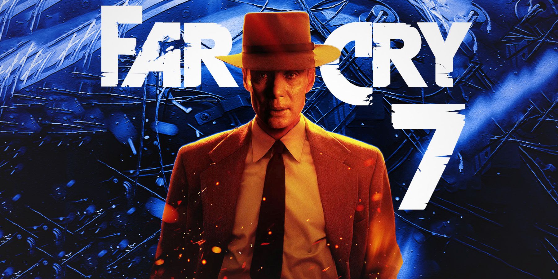 Cillian Murphy Oppenheimer poster crop Far Cry 7 logo mockup blue background composite