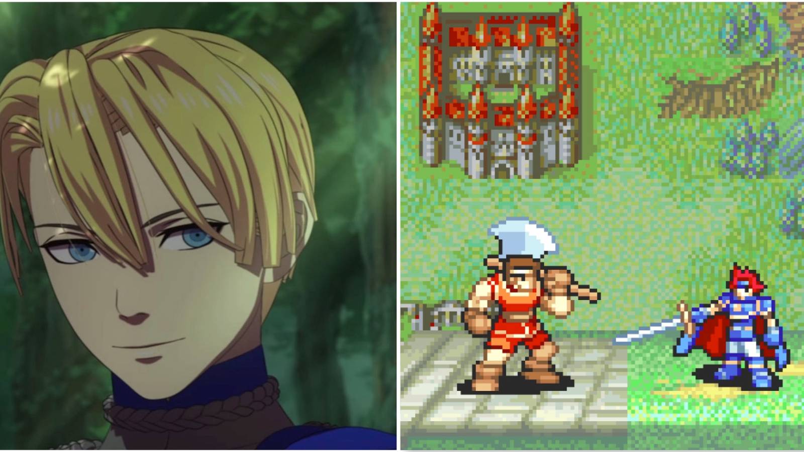 Claude and Dimitri from Fire Emblem Three Houses and fighting a battle in Fire Emblem The Binding Blade